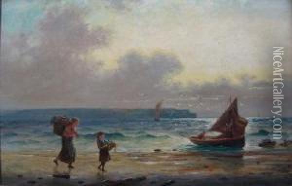 A Calm Sea With Two Fishermen In A Boat, The Harbour Wall And Sailing Vessels Beyond Oil Painting - W.A. Richards
