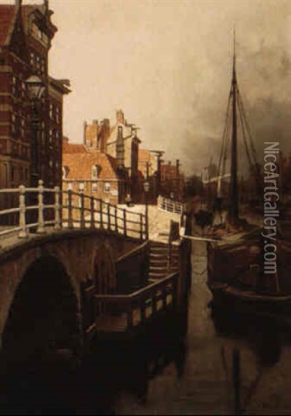 A Dutch Harbor Oil Painting - Johannes Christiaan Karel Klinkenberg