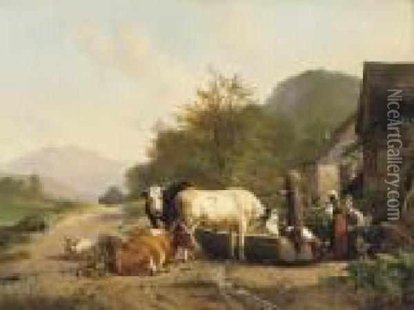 Cattle Near A Farm Oil Painting - Hendrikus van den Sande Bakhuyzen