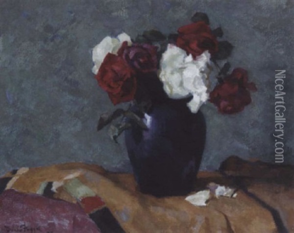 Still Life With Red And White Roses Oil Painting - David Foggie