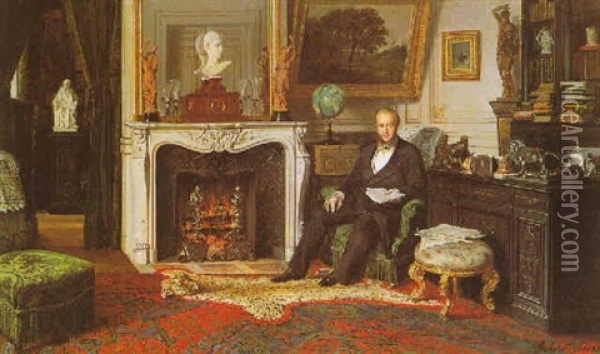 A Gentleman Seated By A Fire Oil Painting - Giuseppe Castiglione