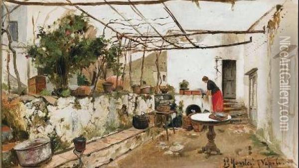 Woman On A Sunlit Terrace Oil Painting - Peder Mork Monsted