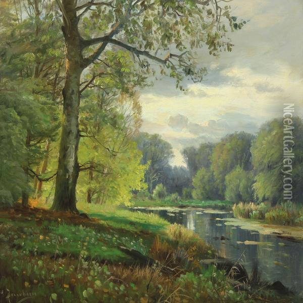 Woodland Scene With Pond Oil Painting - Niels Hansen-Jacobsen