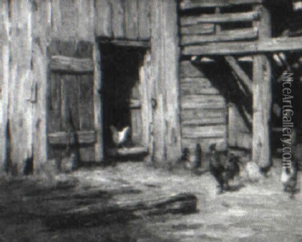Rooster And Hens In A Barnyard Oil Painting - Burr H. Nicholls