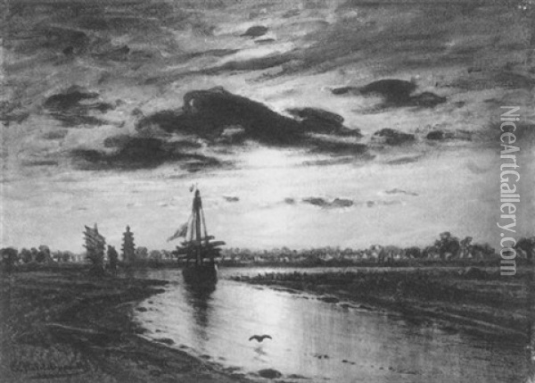 Kanallandschaft Mit Einem Segelboot Oil Painting - Eduard Hildebrandt