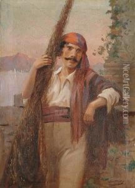 Portrait, Three Quarter Length, Of An Italian Fisherman Oil Painting - H. Perry