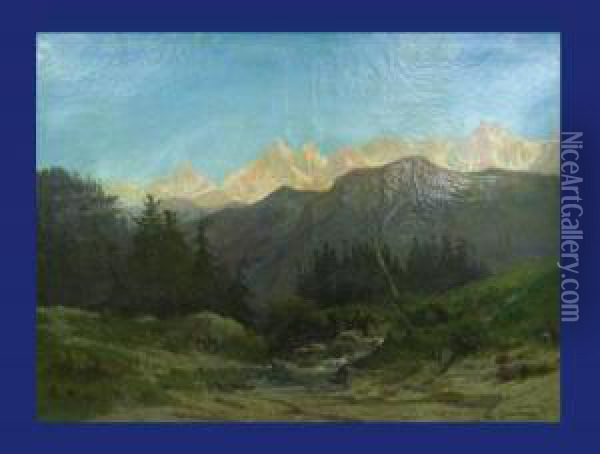 Berglandschaft Mit Asendensteinbocken An Furt Und Sonne Bechienene Berge Im Hintergrund,1857 Oil Painting - P.E. Rischgitz