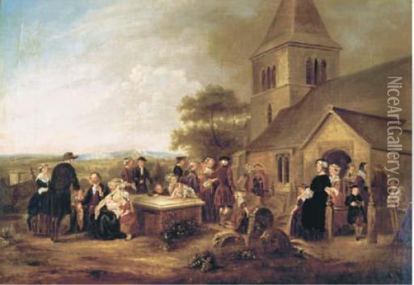 Figures Gathered Outside A Church Oil Painting - Sir David Wilkie
