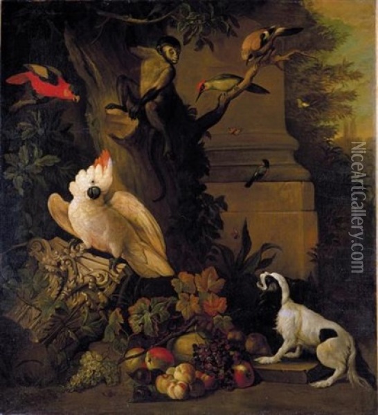 Still Life With Parrots, A Jay, A Woodpecker And A Finch, Together With A Spaniel And Various Fruits In A Parkland Setting Oil Painting - Jakob Bogdani
