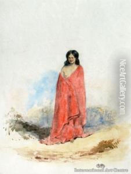 Maori Girl In Red Cloak - Circa 1850 Oil Painting - Richard Aldworth Oliver