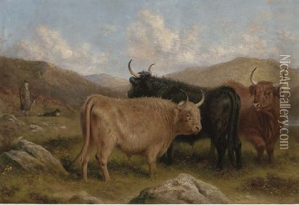 Highland Cattle, A Herdsman And His Dog Beyond Oil Painting - Aster R. C. Corbould