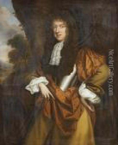 Portrait Of A Gentleman, 
Standing Three-quarter-length, In A Breast Plate, A Buff Coat, A Jabot 
And A Brown Wrap, A View To A Landscape Beyond Oil Painting - William Wissing or Wissmig