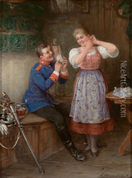 Das Geschenk. Junger Militar Halt Seiner Braut, Die Ohrringe Anprobiert, Den Spiegel Oil Painting - Ludwig Blume-Siebert