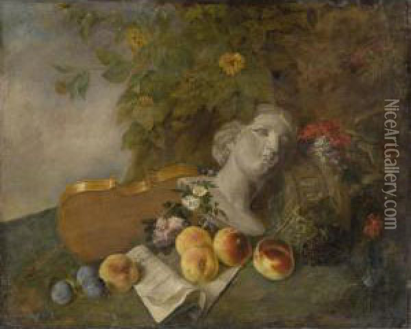 A Still Life With A Bust Of A 
Lady, A Violin, Peaches, Plums And A Musical Score In A Landscape Oil Painting - Nicolas Henry Jeaurat De Bertry