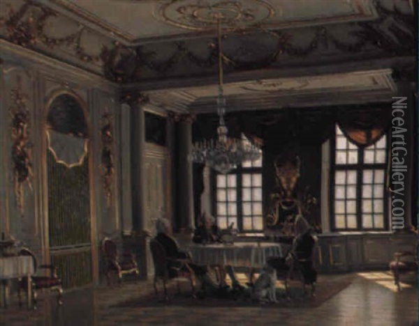 Taffelsalen I Christian Vii's Pal+ Pa Alamielborg Med Personer. . . Oil Painting - Adolf Heinrich Claus Hansen