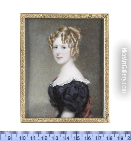 Charlotte Esther Lister, Wearing Black Dress With White Lace Trim, Red Stole, Her Blonde Hair Elaborately Upswept And Curled In Ringlets Oil Painting - Frederick Cruickshank