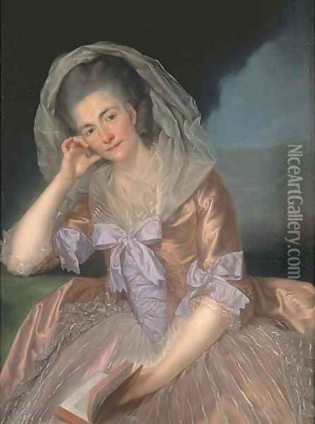 Portrait of Elizabeth Hervey (1733-1800), wife of the 4th Earl of Bristol, three-quarter-length, seated in a salmon pink dress with lilac bowes Oil Painting - Anton von Maron