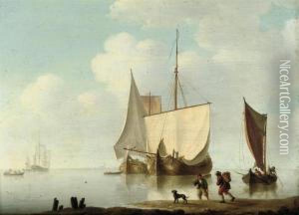 Dutch Barges At Anchor In A Calm Oil Painting - William Anderson