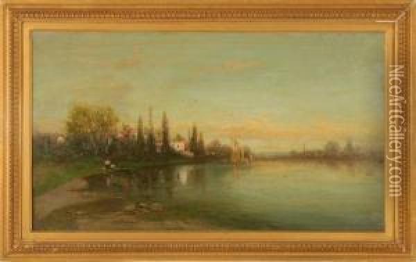 River Scene With Houses. Oil Painting - Christopher H. Shearer
