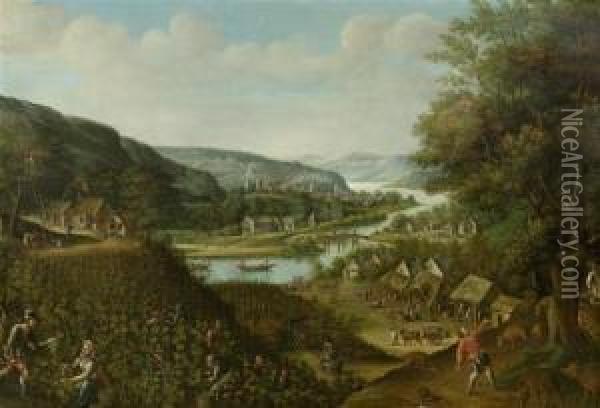 River Landscape With Grape Harvest Oil Painting - Frans I Francken