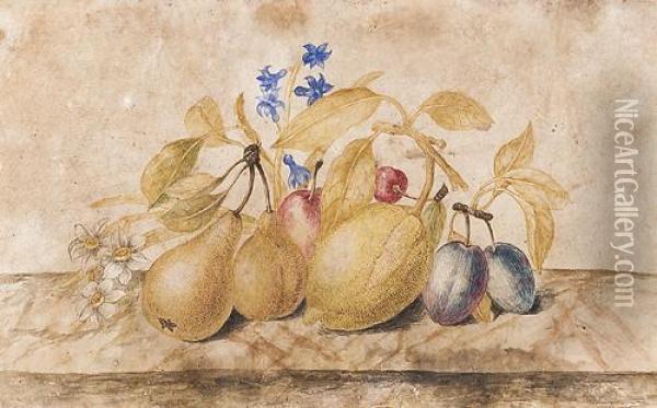 Susine, Ciliege, Pere Ealtri Frutti Su Un Piano Di Pietra Oil Painting - Octavianus Montfort