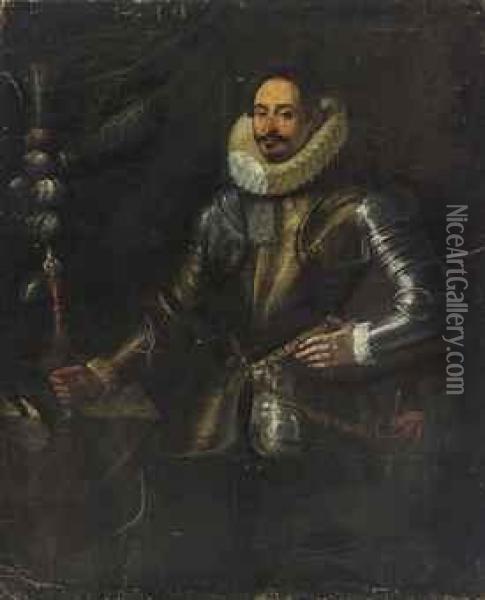 Portrait Of A Gentleman, 
Three-quarter-length, In Armour, A Batonin His Right Hand, Beside A 
Table With A Plumed Helmet Oil Painting - Justus Sustermans