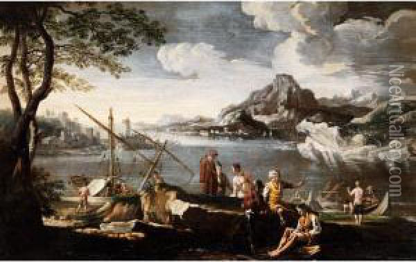 Marinebild Mit Anliegenden Segelschiffen, Kahnen Und Personen Amfelsigen Ufer 
Ol Oil Painting - Jacob De Heusch