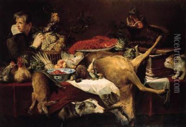 Chickens, A Dead Hare, 
Artichokes, A Bunch Of Asparagus, A Melon,oranges, Dead Game, 
Frais-de-bois In A Klapmuts, A Lobster On Aporcelain Dish, A Dead 
Roebuck, And A Boar's Head On A Copper Panon A Draped Table, A Cat And A
 Dog Nearby, With A Page Oil Painting - Frans Snyders