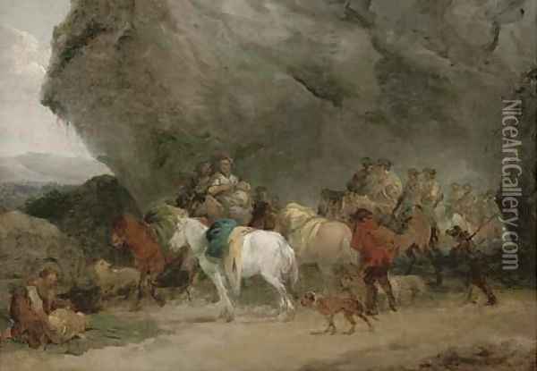 Cavalry men approaching gypsies by a grotto Oil Painting - Jean-Honore Fragonard