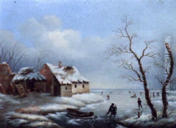 Winter Skaters Oil Painting - Johannes Bartholomaeus Duntze