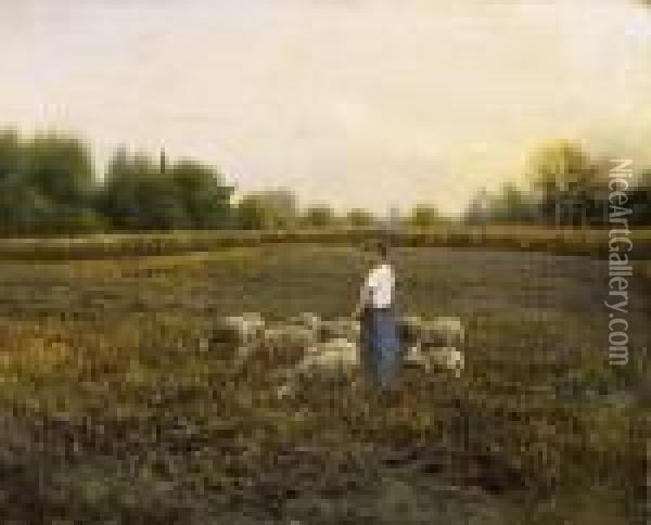 Girl With Lambs Oil Painting - Bela Von Spanyi
