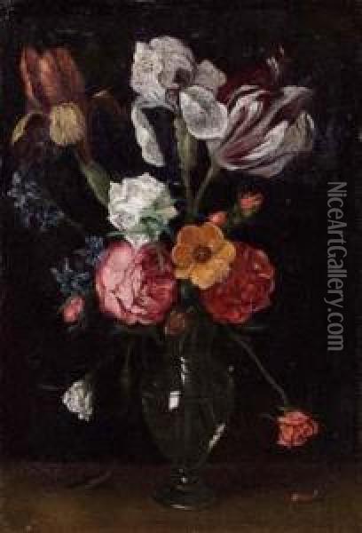 Vaso Di Vetro Con Tulipani, Orchidea, Rose E Giacinto Oil Painting - Nicolas Van Veerendael