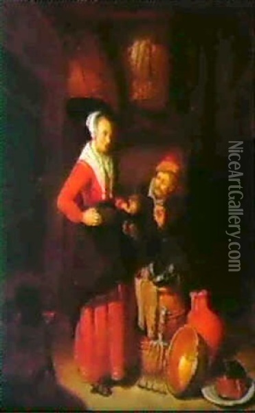 A Kitchen Maid With A Man Smoking A Pipe In An Interior Oil Painting - Quiringh Gerritsz van Brekelenkam