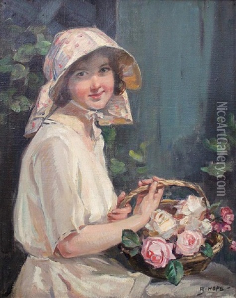 Untitled (portrait Of A Young Lady With A Basket Of Roses) Oil Painting - Robert Hope