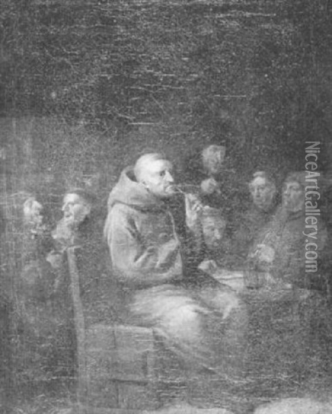 Monks Smoking In An Interior Oil Painting - Egbert van Heemskerck the Elder