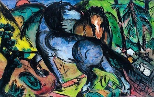 Zwei Grosse Pferde In Landschaft (Two Large Horses In A Landscape) Oil Painting - Franz Marc