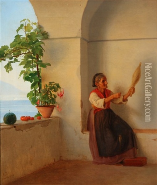 An Old Woman With A Spindle Sitting In An Italian Loggia Oil Painting - Anton Laurids Johannes Dorph