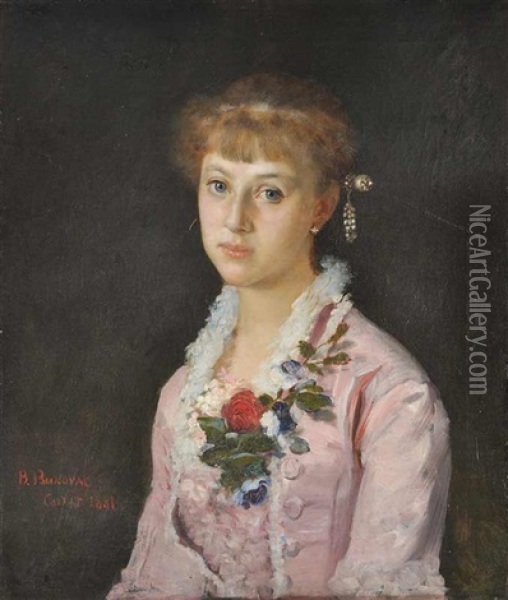 A Portrait Of A Girl With A Flower Wearing A Pink Dress (the Painter's Sister) Oil Painting - Vlacho Bukovac