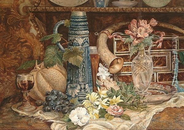 Still Life With Flowers And Fruit, A Blue And White Ewer And A Collector's Box Oil Painting - Valentine Bartholomew