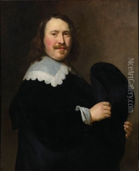 A Portrait Of A Gentleman, Standing Half-length, Turned To The Right, Wearing A Black Coat With A White Lace Collar, Holding His Hat With Both Hands Oil Painting - Govaert Flinck