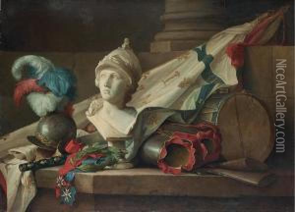 Bust Of Minerva, Armour, 
Muskets, A Drum, A Standard, A Marshal's Baton, A Laurel Wreath And 
Badges And Sashes Of The Orders Of Saint- Louis And Of The Saint-esprit 
On A Stone Ledge. Oil Painting - Anne Vallayer-Coster