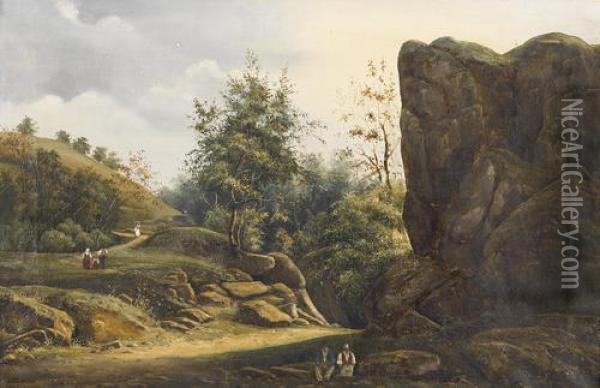 Landschaftspartie Mit Fels Und Figurenstaffage. Oil Painting - Gaspard Anrioud