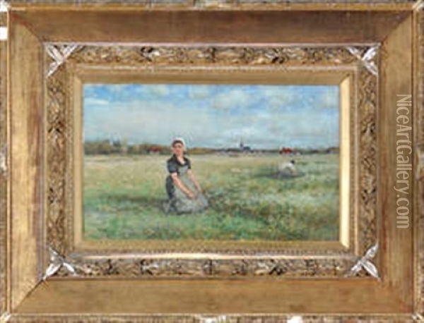 French Provincial Farm Girls Working In A Field Oil Painting - George Henry Boughton