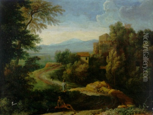 An Italianate Landscape With Figures By A Path Oil Painting - Gaspard Dughet
