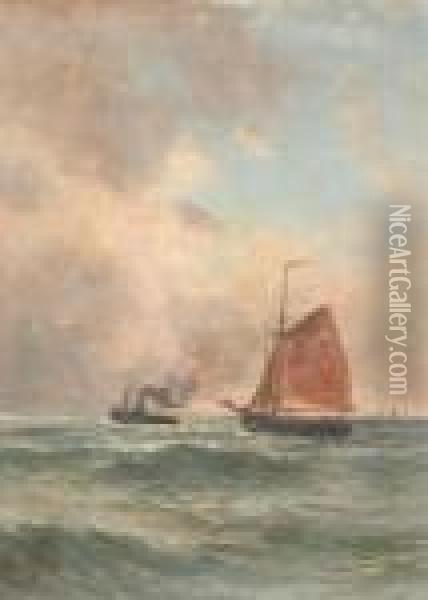 Marine With Yacht And Steamer Oil Painting - Romain Steppe