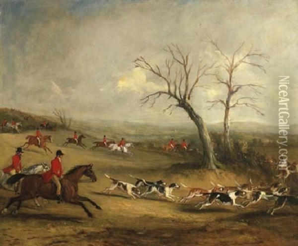 Full Cry: Captain White Hunting With The Quorn, With Hoby Church And Brooksby Hall In The Distance Oil Painting - John Ferneley Jr.