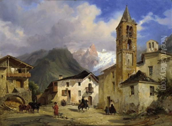 Ein Dorfplatz In Den Bergen Sudtirols Oil Painting - Jacques Guiaud