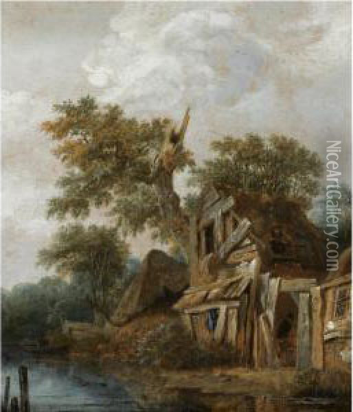 A Wooded Landscape With A 
Farmstead On The Banks Of A River, A Figure Entering The Cottage Oil Painting - Cornelius Decker