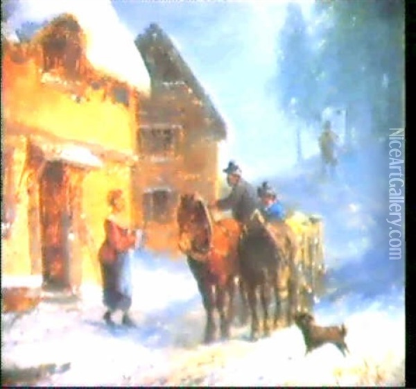 Winterliche Rast Vor Landlichem Gasthof. Oil Painting - Anton Doll
