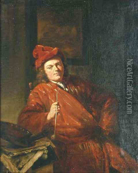 Portrait of an artist smoking a pipe Oil Painting - Michiel van Musscher